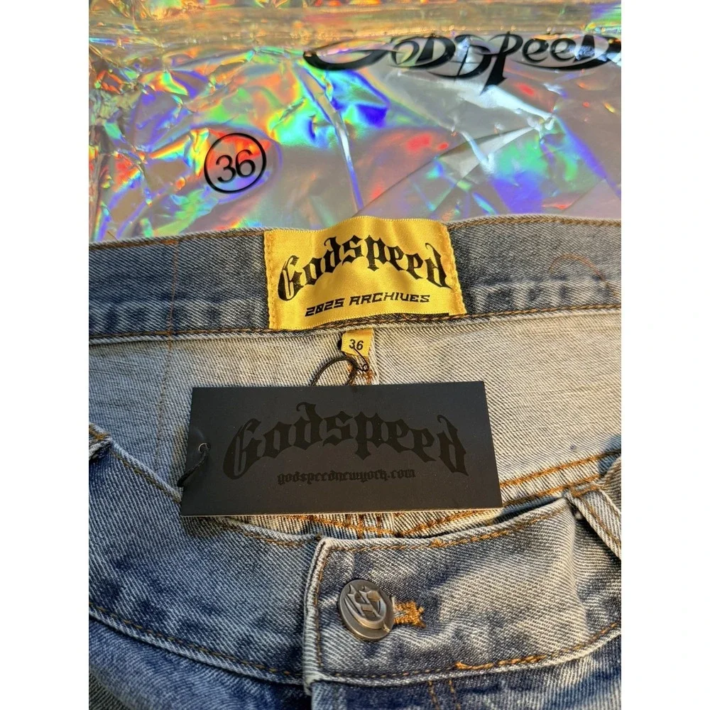 Godspeed Jeans Sid Vicious Denim Mens Blue Straight Leg Distressed Size 36x32